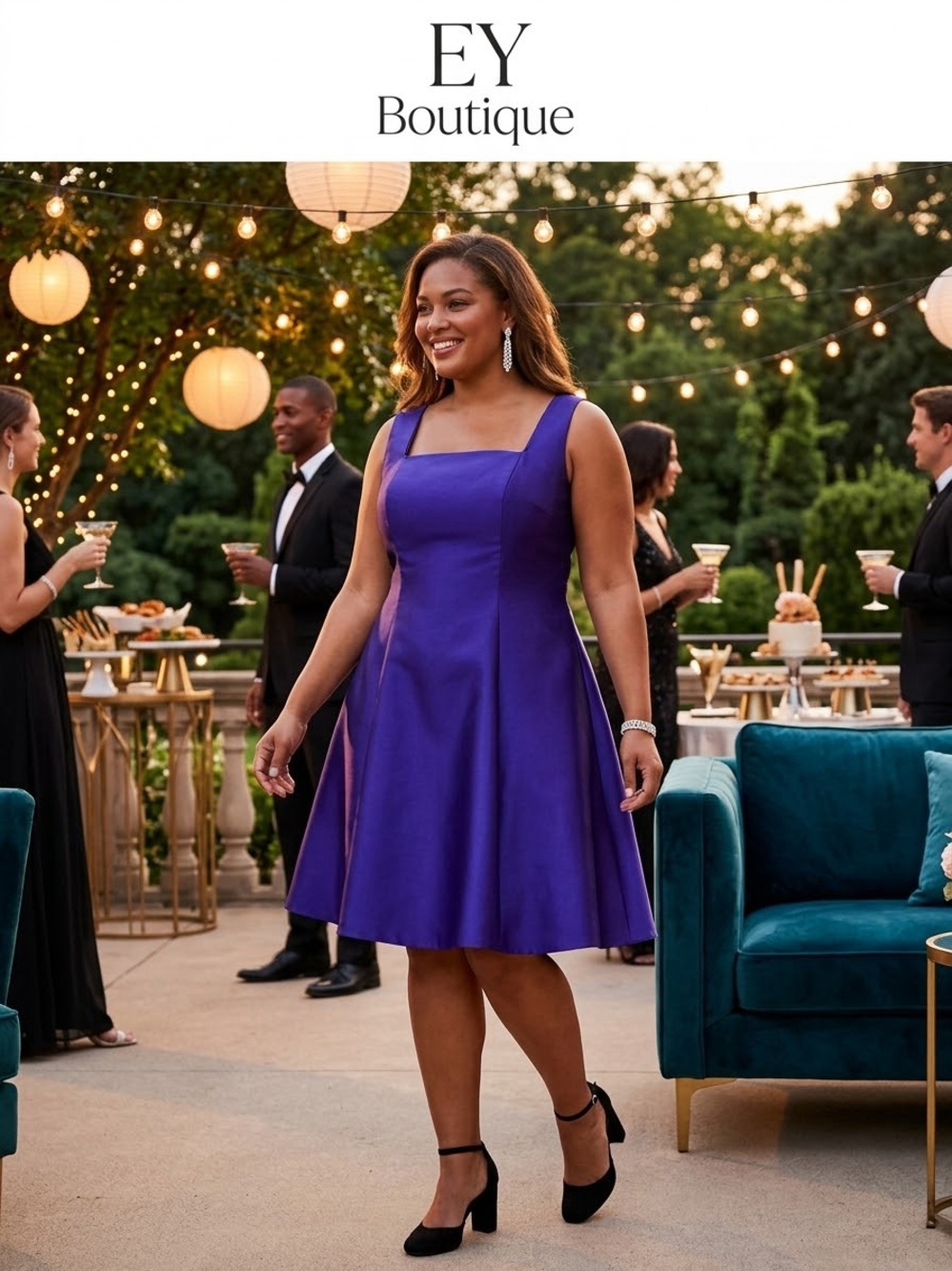 Plus-Size Purple Square-Neck Midi Dress